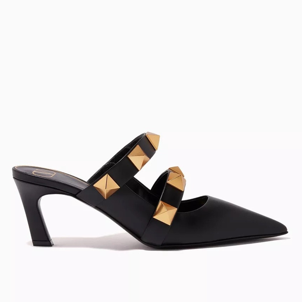 Valentino Garavani Black Roman Stud Leather Mules Gold 36